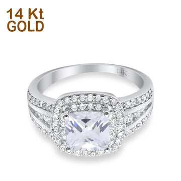 14K White Gold Halo Art Deco Wedding Ring Princess Cut Round Simulated CZ Size-7